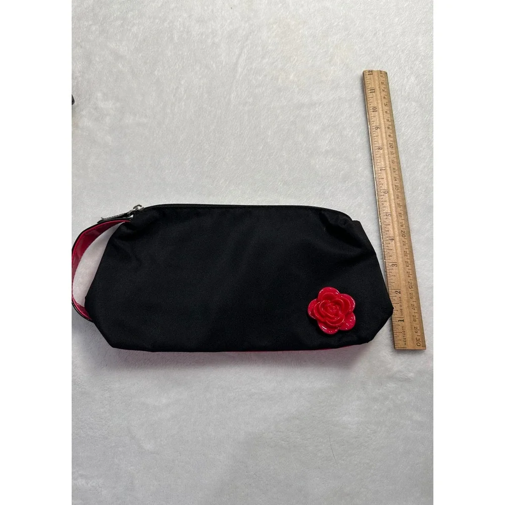 Lancome Paris Cosmetic Bag Set Black Red Rose Wristlet & Floral Canvas Pouch